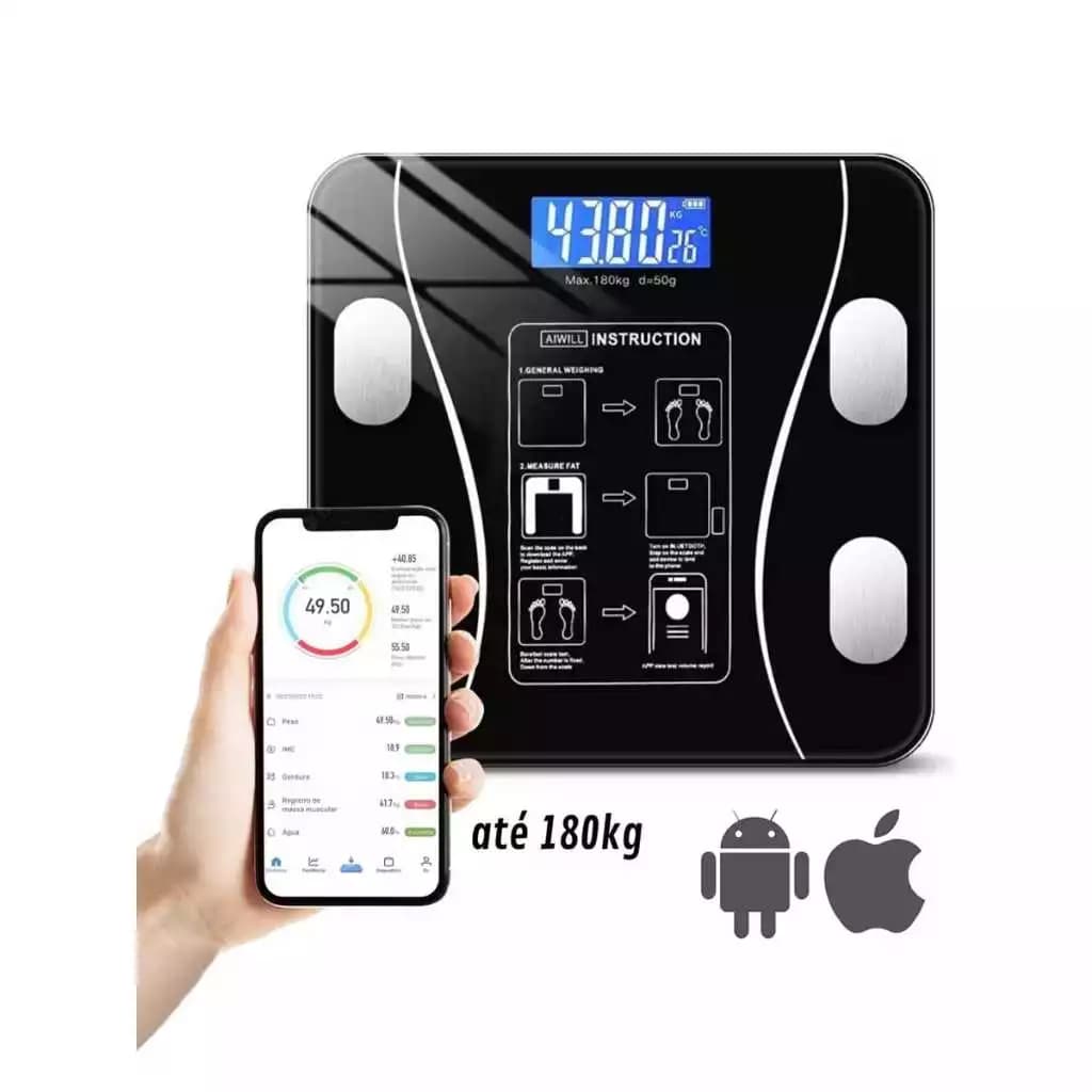 Balança Digital Medidora Corporal Bioimpedância até 180kg Monitoramento de peso Bluetooth