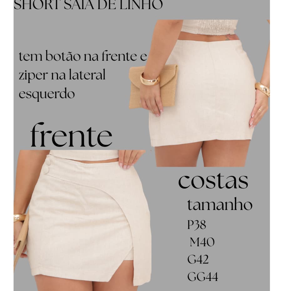 SHORT SAIA DE LINHO FEMENINO COM CINTURA ALTA E BOTÃO NA FRENTE