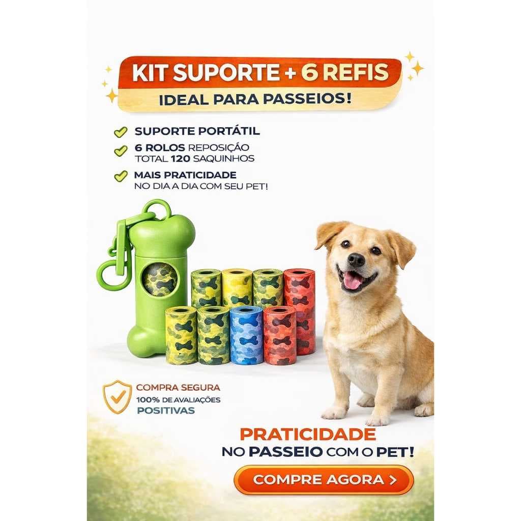 Kit Refil Cata Caca Gato Cachorro 120Saquinhos 6Rolos Ideal Passeio Parque Viagem+Porta Saquinho Pet