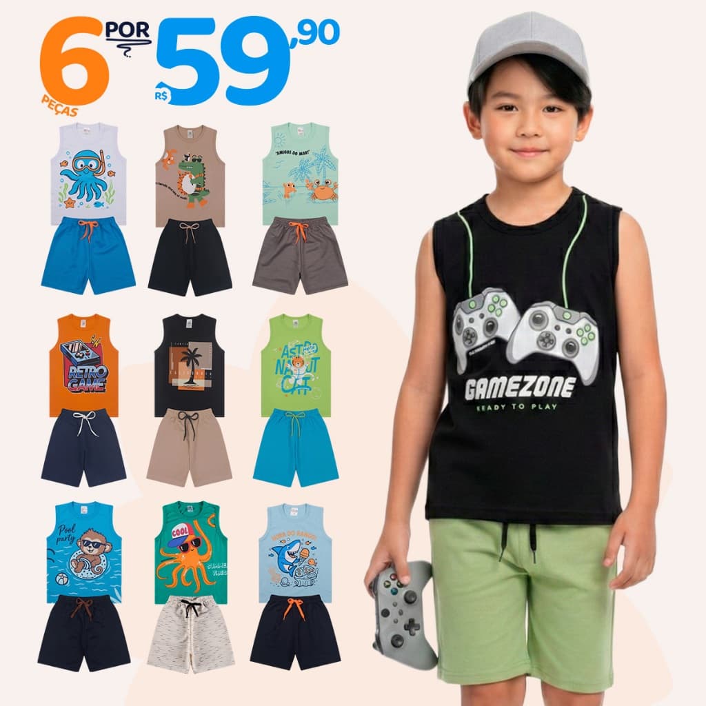 Kit 6 Peças de Conjunto Regata para Meninos - 3 Regatas e 3 Bermudas, Tamanhos Disponíveis de 1 a 10