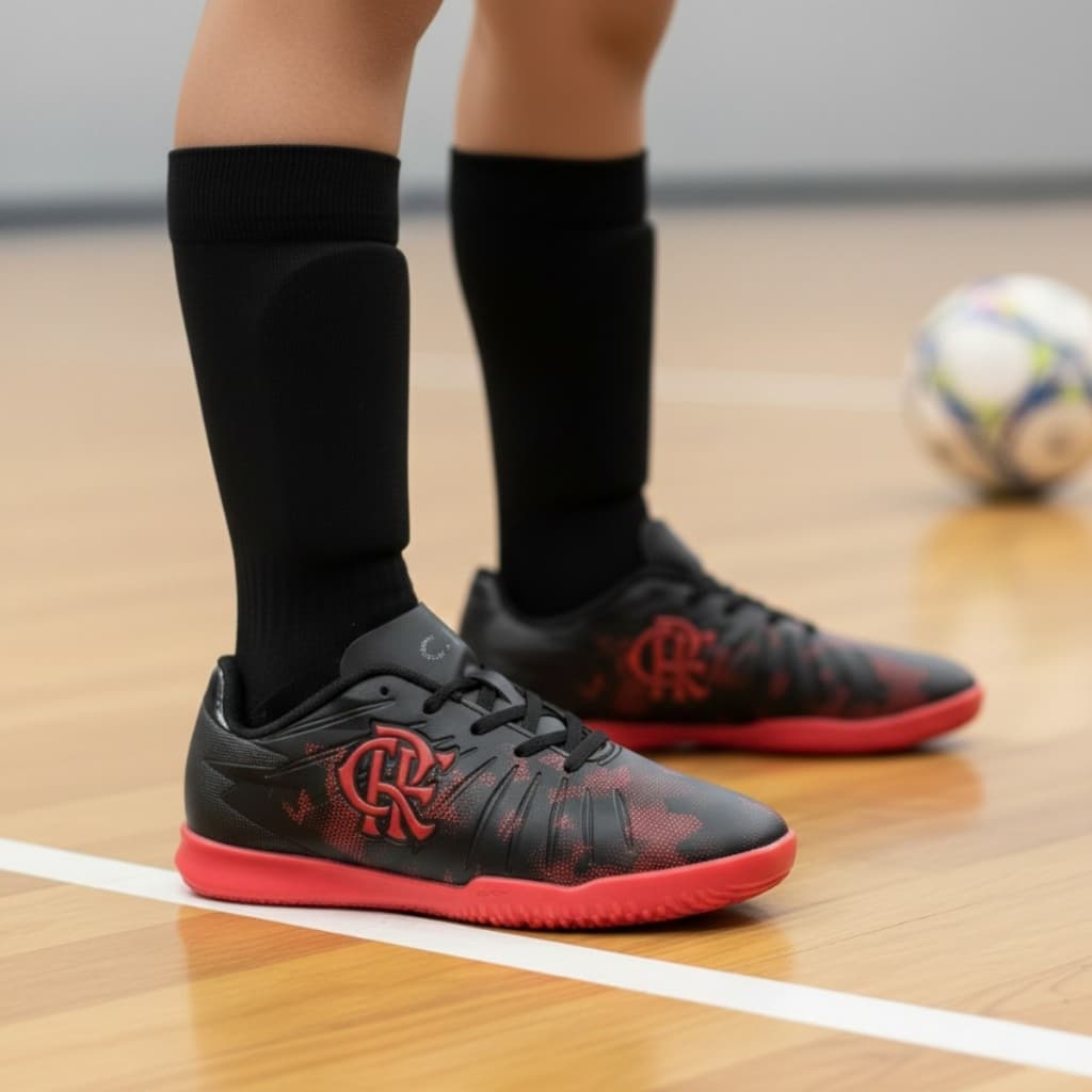 Chuteira Futsal Infantil OXN Vision 3 Flamengo Indoor Futebol Salão Leve Confortável