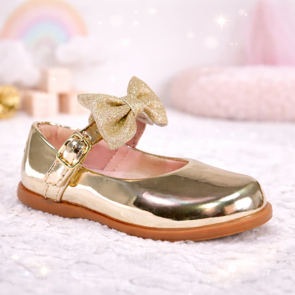 Sapatilha delicada Feminina Infantil Menina Dourada Laço Glitter Sapato Boneca Festa Antiderrapante