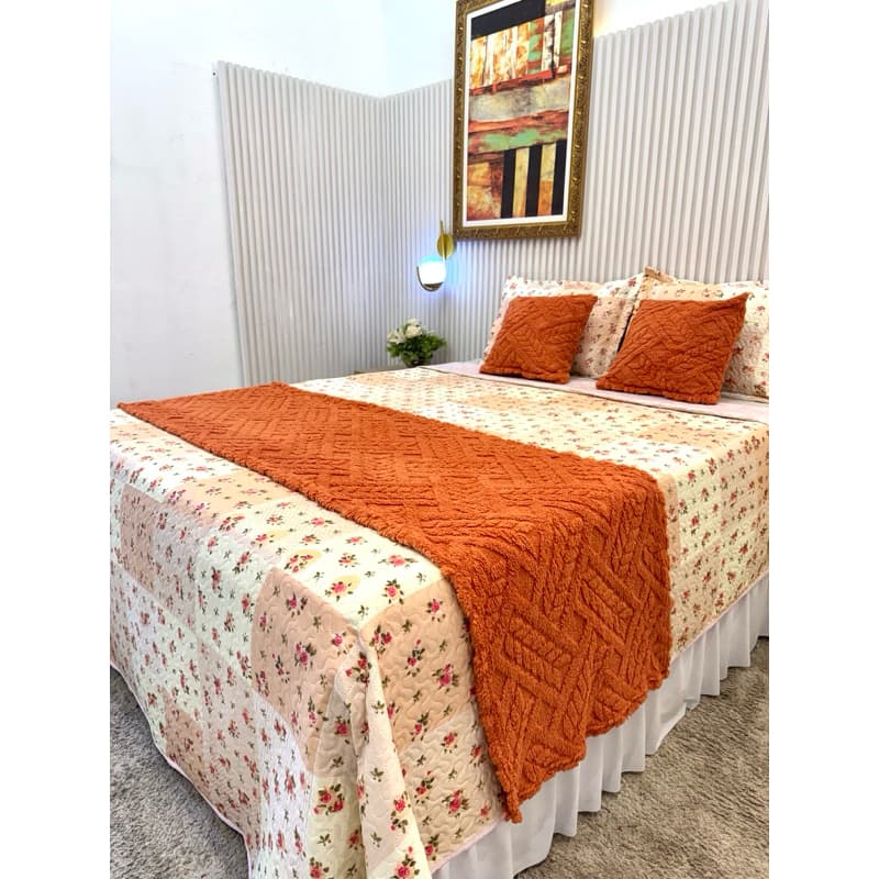 Kit 3 Peças Cama Posta 1 Peseira e 2 Capas de Almofada Decorativa Flannel Elegante Chique Casa Rica