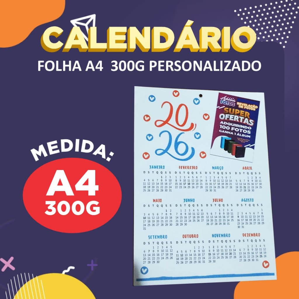 Calendário 2026 A4 300g - Personalize com sua Marca ou Foto