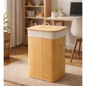 Cesto De Roupa Suja De Bambu Bege Dobrável Com Alças Malular 70L