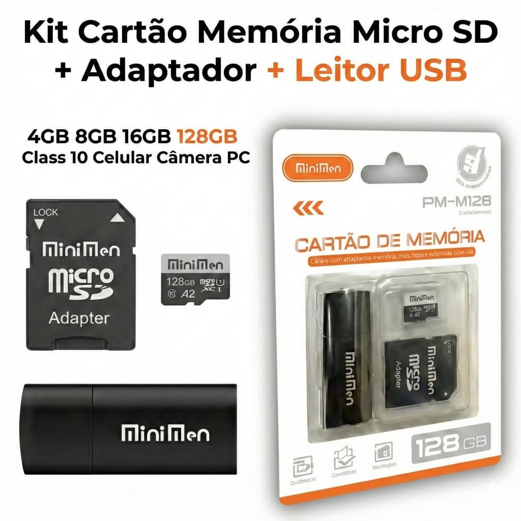 Kit Cartão Memória Micro SD + Adaptador + Leitor USB 4GB 8GB 16GB 128GB Class 10 Celular Câmera PC