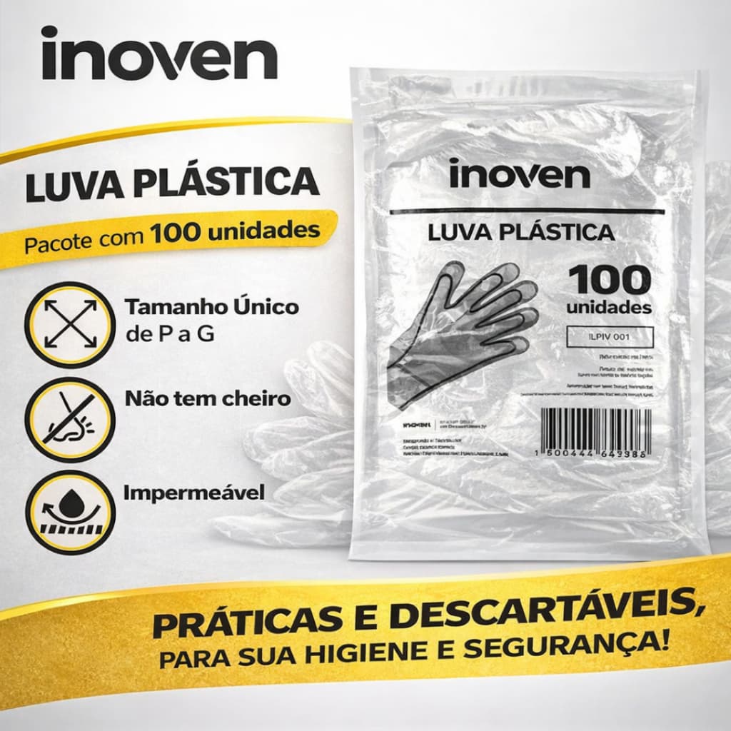 Luva Plástica Descartável até 1000 unidades Inoven Higiene Culinária e Limpeza
