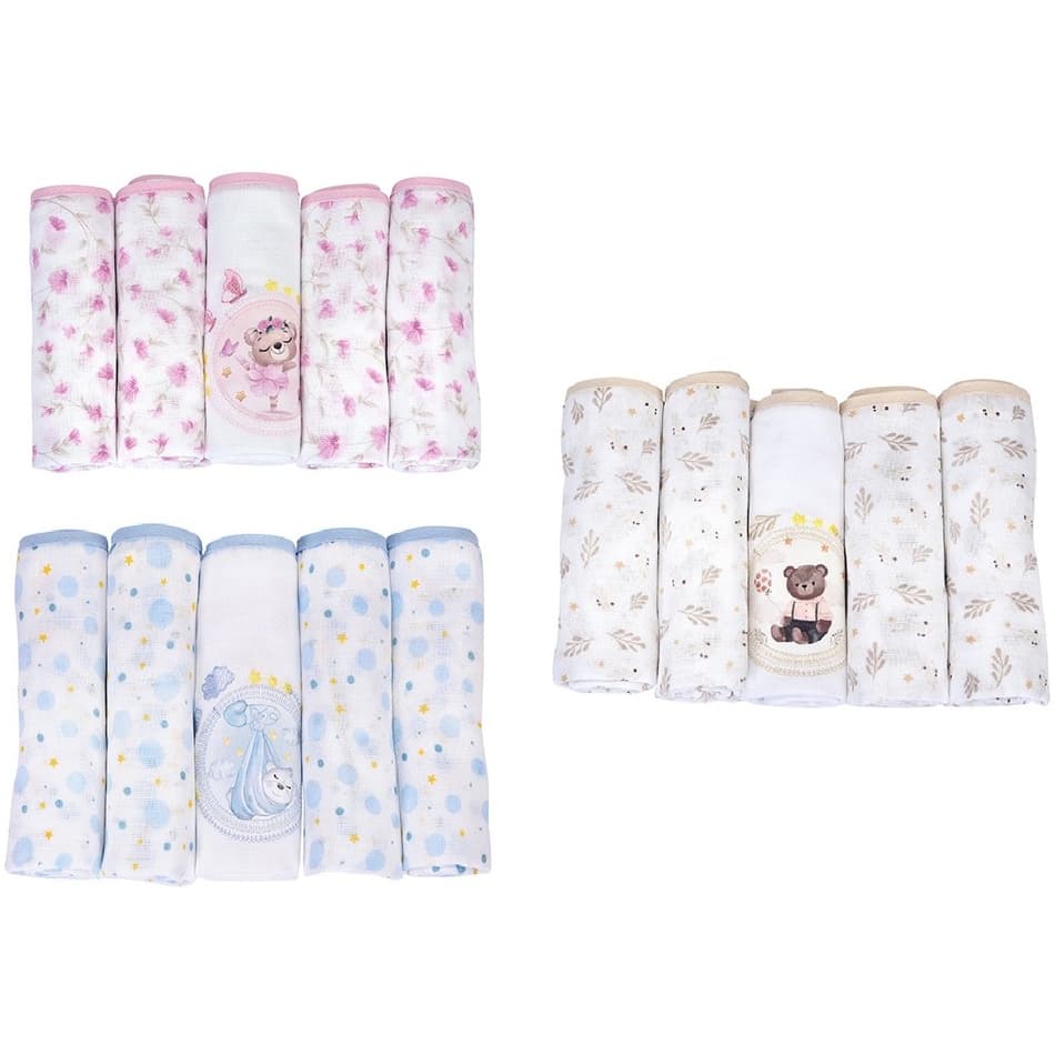 Kit Fralda de Pano para Bebe com Bainha 5 und 100% Algodão Premium 70x68 Muito Mimo Minasrey