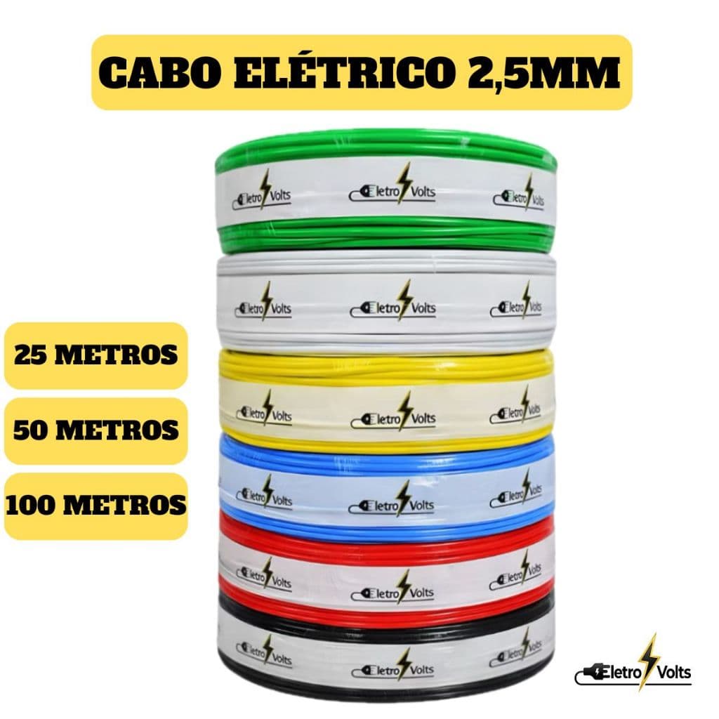 Cabo Elétrico 25/50/100 Metros Antichamas 2,5mm Fio Flexível 750v 10A