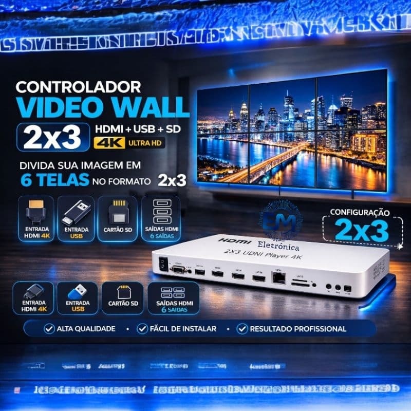 Controlador Video Wall HDMI 4K 2x3 – Processador de Vídeo 6 Telas 1x6 Saídas HDMI
