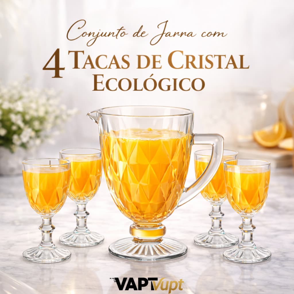 Kit Jarra Vidro 1,2L + 6 Taças Vidro 330ml Diamond Transparente Diamante Mesa Posta Café Manhã Luxo