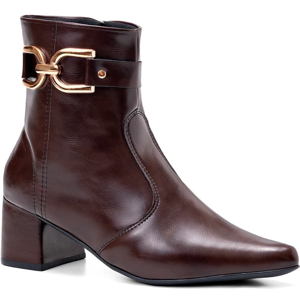 Bota Feminina Lumiss Bico Fino Salto Médio Bloco Cano Curto Fivela Dourada