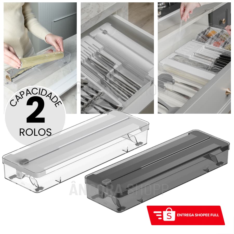 Organizador de Rolos Duplo e Cortador de Plástico Filme Papel Alumínio Manteiga Ou 37cm x 12cm