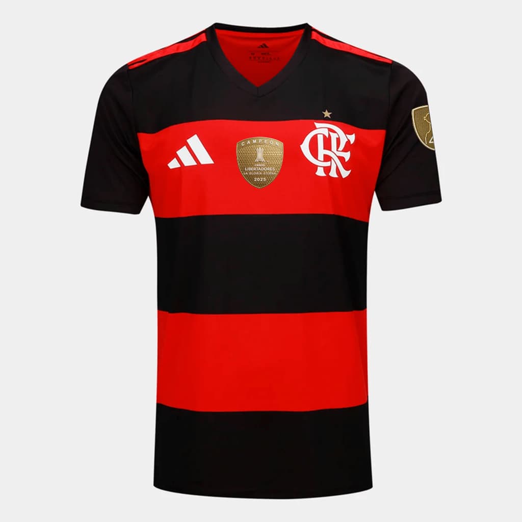 Manto Flamengo Fan Masculina Jogo 1 Adidas 2026 + Kit Patches CAMPÉON Libertadores 2025