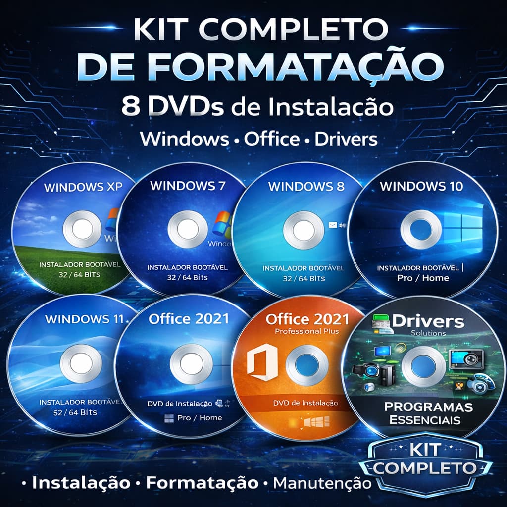 DVD Formatação Windows 11, 10, 8, 7 e XP | Pacote Office | Drivers | Programas Essenciais