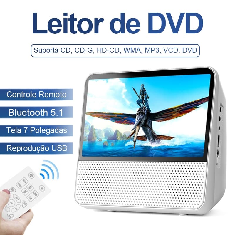 Leitor de DVD CD Player Bluetooth Portátil de 9,8'' com 7'' Tela HD 1024x600, Controle Remoto, som Estéreo Hi-Fi