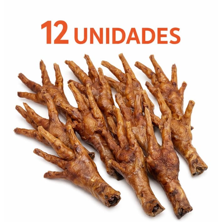 Pé de Galinha 12 Unidades para Cães Petisco Natural Desidratado Mastigação Saudável 100% Natural