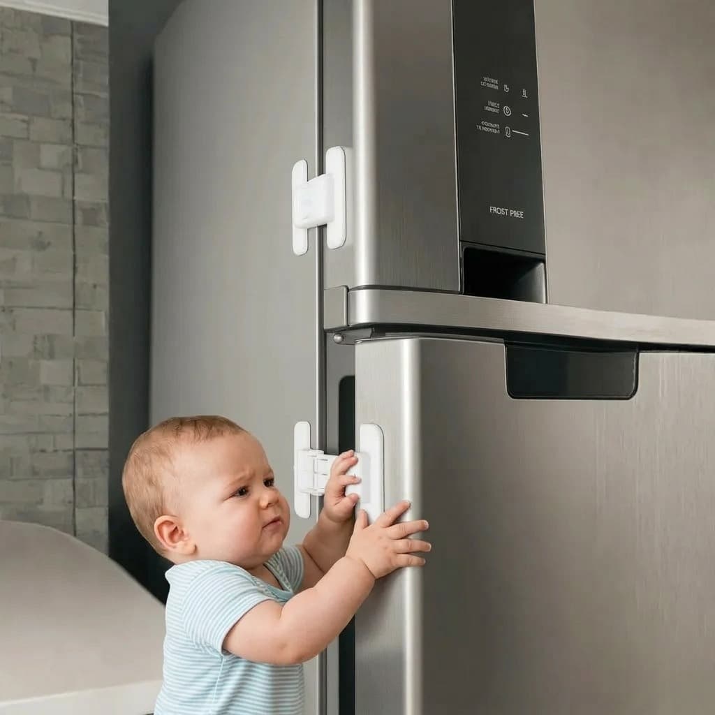 Trava de Freezer Geladeira Proteção Bebês e Crianças Não Abre a Porta Fixação por Adesivo Segurança
