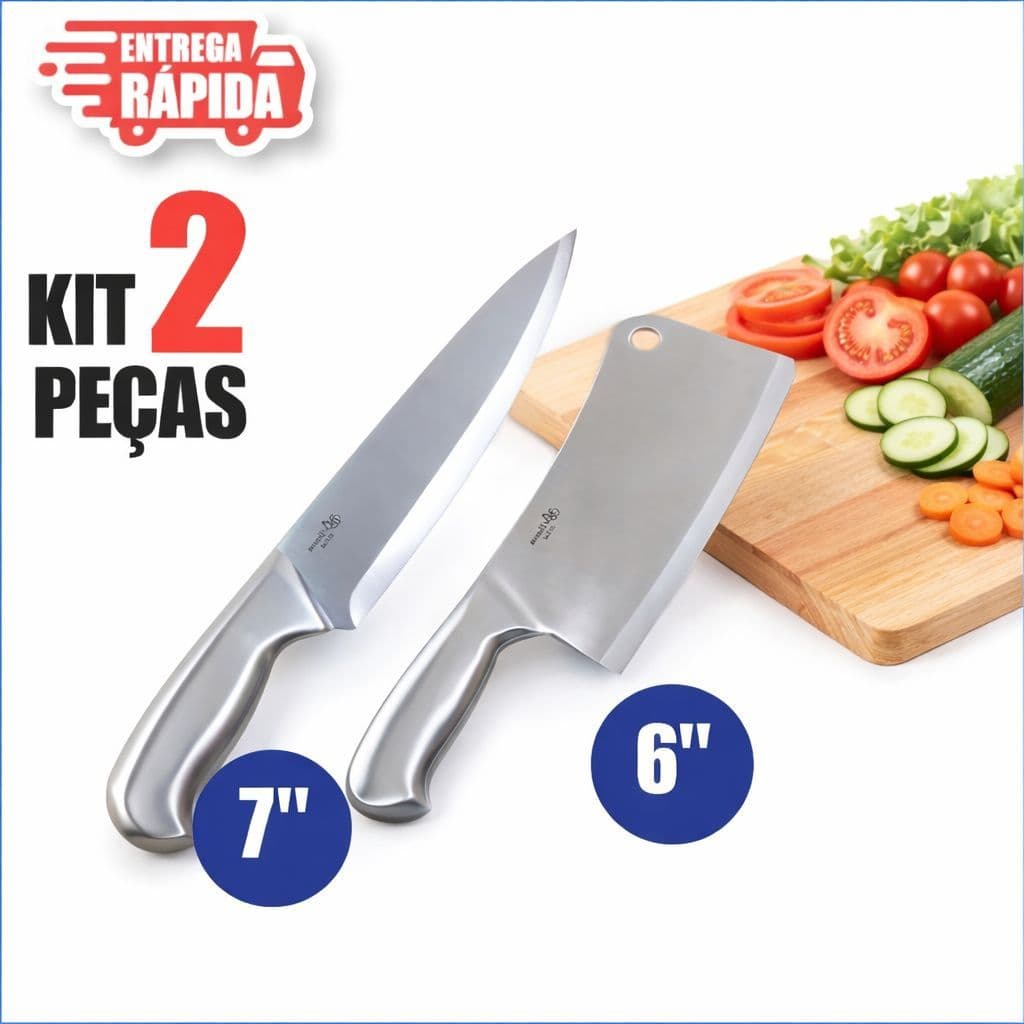 Kit 2/1 - Facas Cutelo 6'' e 1 Faca peixeira 6" Inox Maciço Profissional Lâmina Corte de Precisão Churrasco