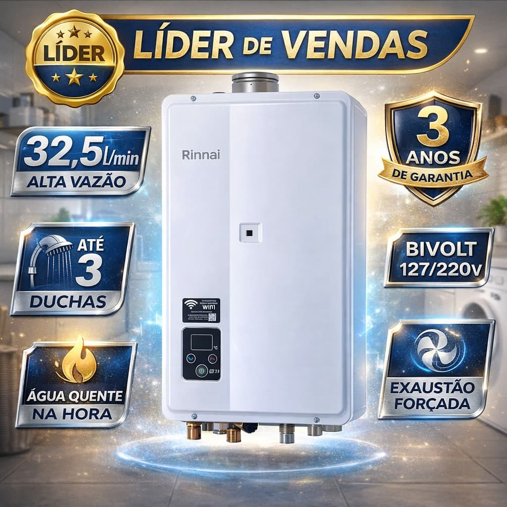 Aquecedor a Gás 32,5L Digital Rinnai E33 Bivolt GLP Branco Exaustão Forçada Original 3 Anos Garantia