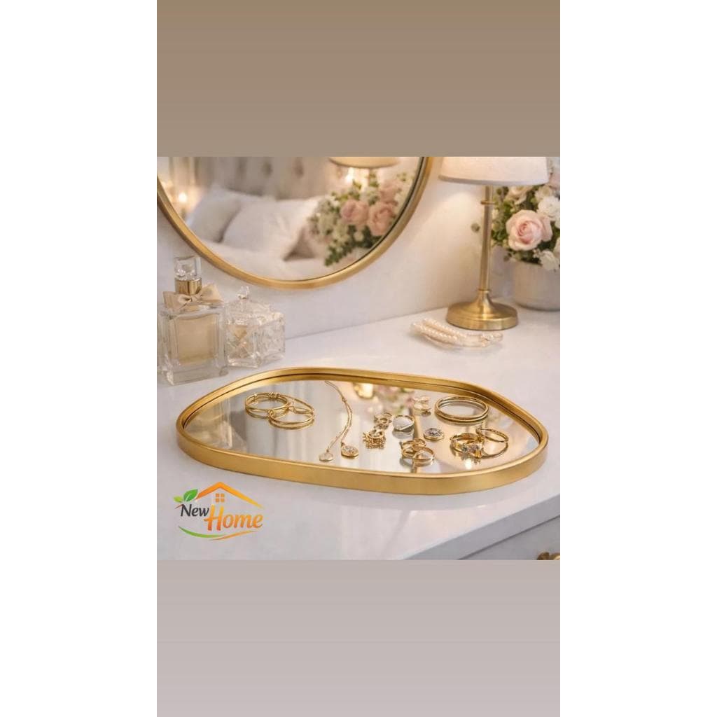 BANDEJA DECORATIVA ESPELHADA FORMATO ORGÂNICO MULTIUSO BANHEIRO LAVABO SALA PRETO DOURADO