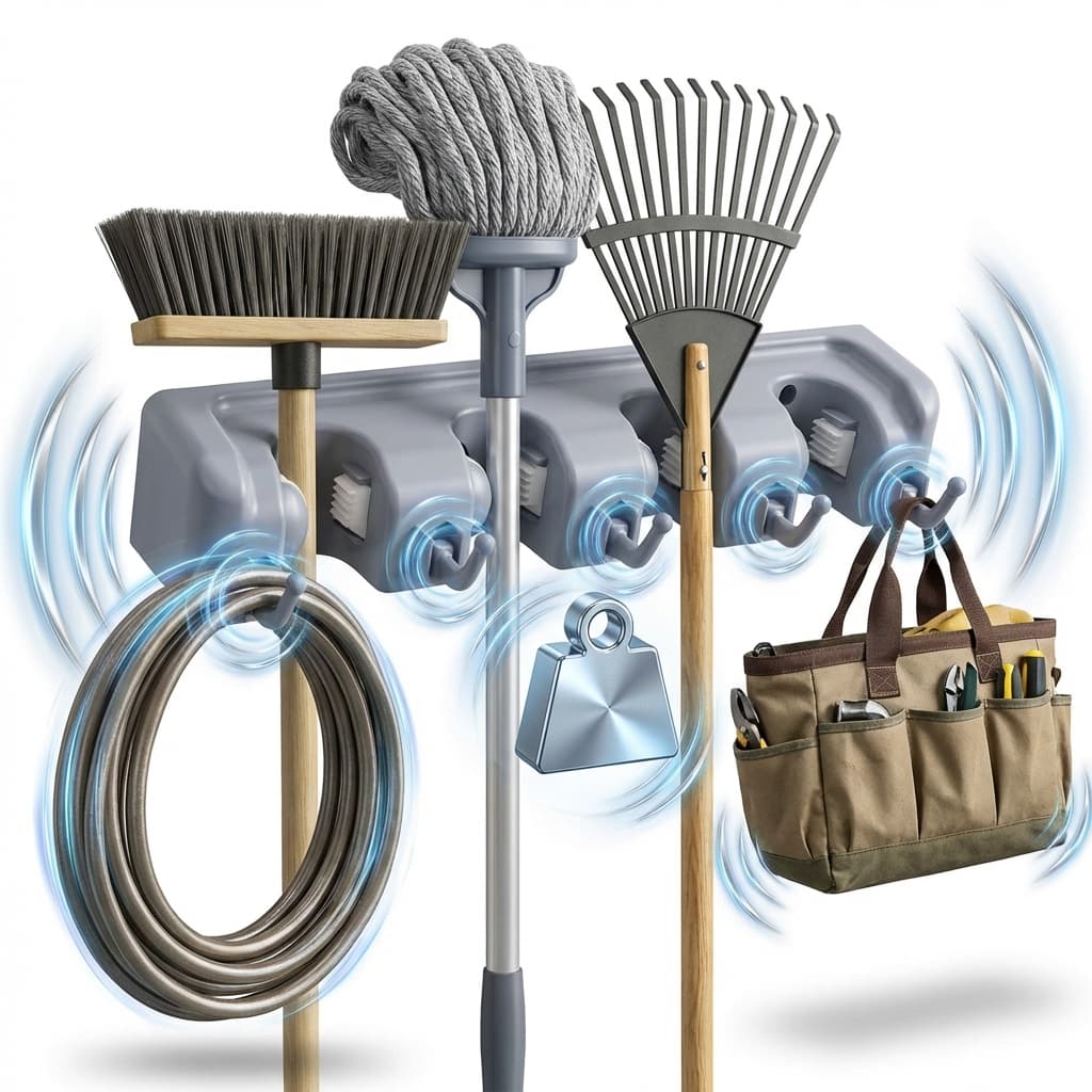 Suporte Organizador de Vassoura 2 em 1 Multiuso Parede Organizador Ferramentas 4 Suportes 5 Ganchos