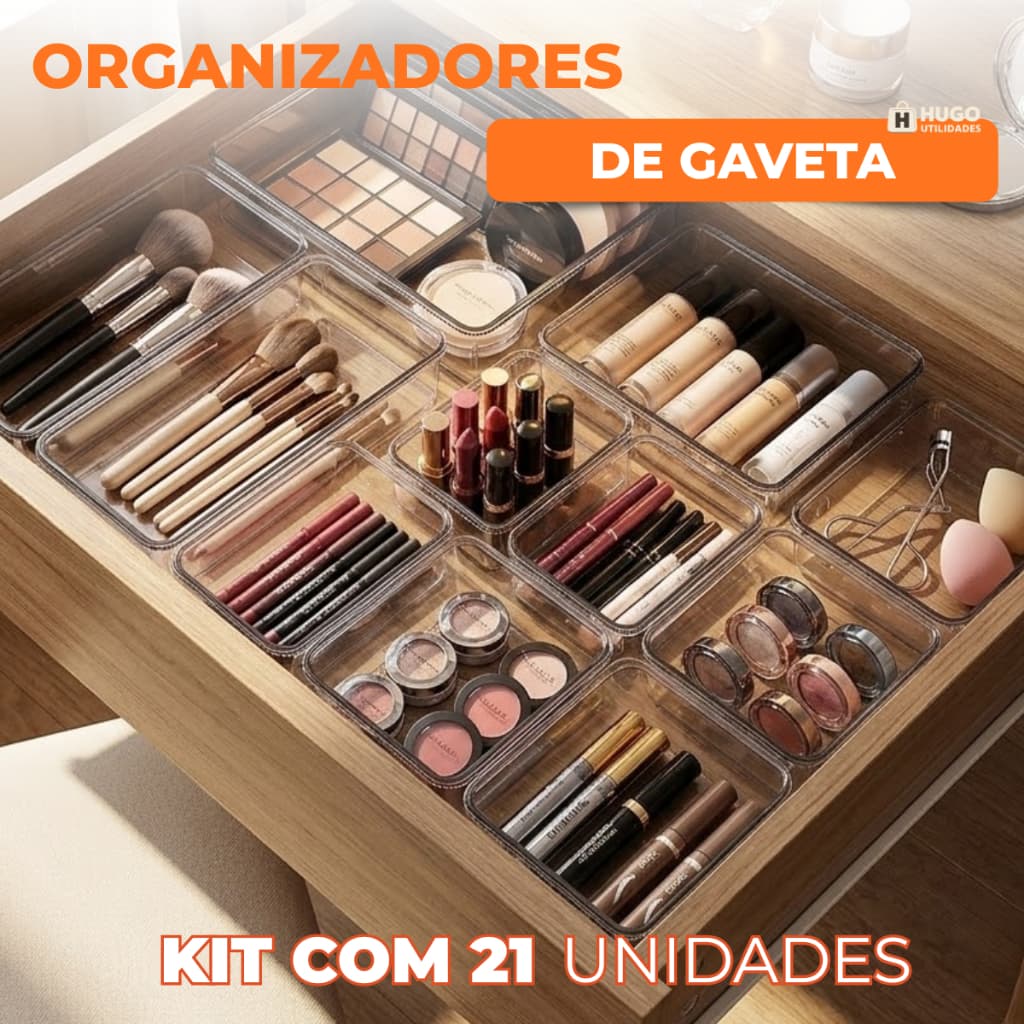 Kit 21 Organizador Modular Multiuso Acrílico Cristal Cesto Gaveta Maquiagem Geladeira