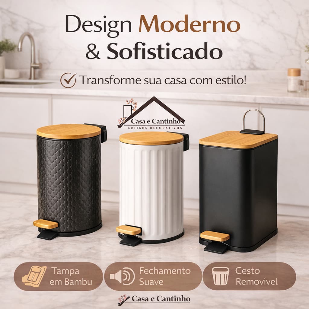 Lixeira para Casa Banheiro Cozinha Grande em Inox ou Metal Com Pedal Decorativa Multiuso