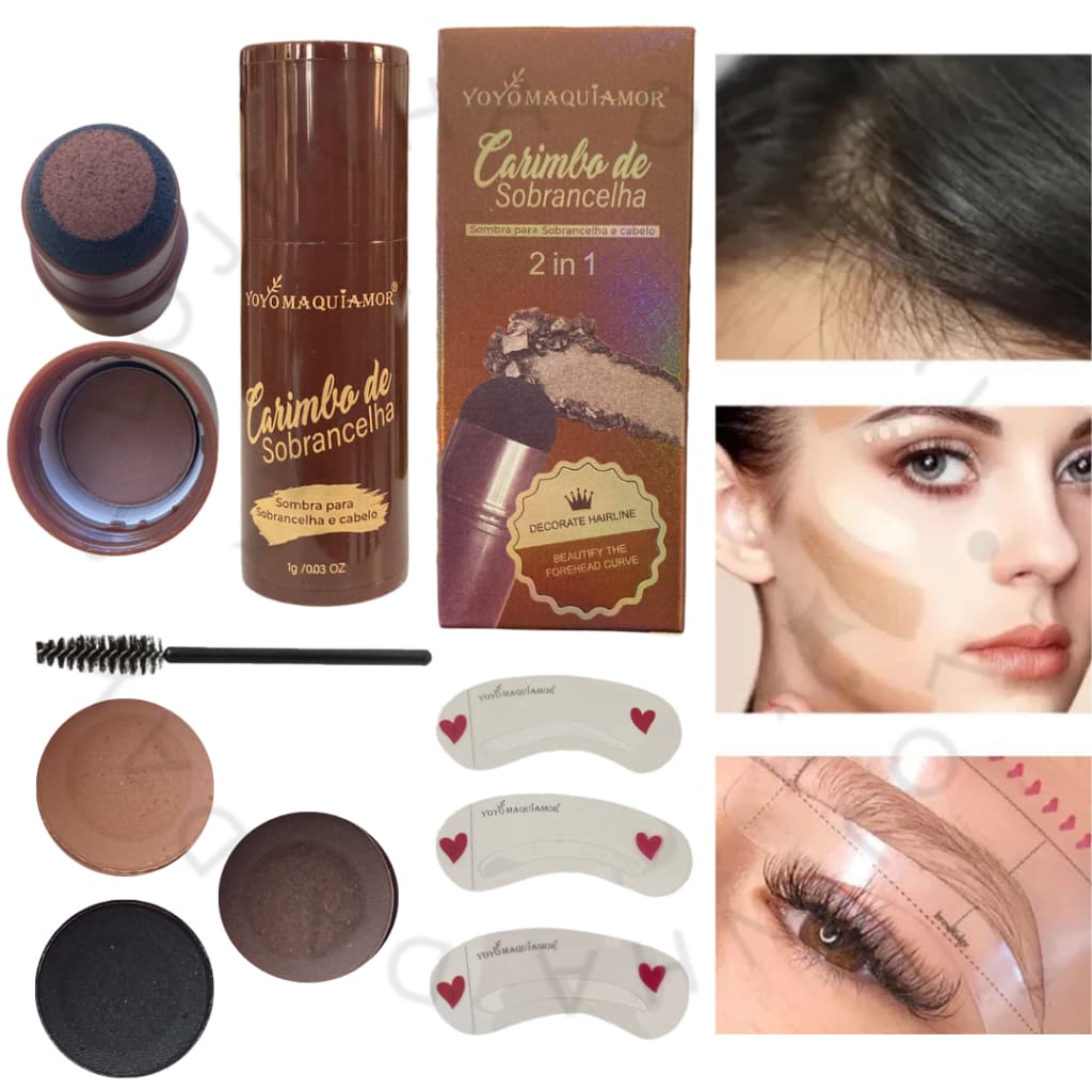 Kit Carimbo De Sobrancelha Com 3 Moldes Camuflar Fios Brancos Cabelo Barba - Castanho ou  Preto