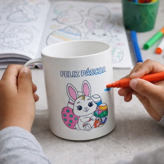 Kit 10/25/50 Caneca de Colorir Feliz Páscoa 400ml Branca Plástico Comemoração, Canetinha, Colorido