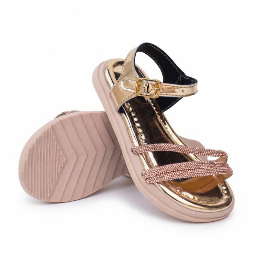 Sandália Strass Brilho Dourada Infantil Menina Feminino Leve e Confortável Delicada Sola Tratorada.