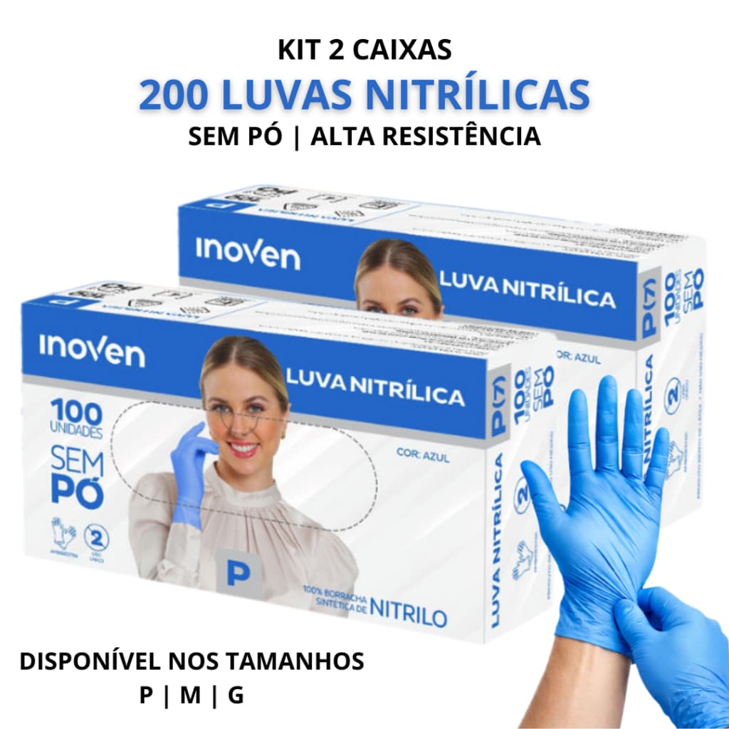 Luva Nitrílica 200 Unidades Azul Inoven Sem Látex Antiderrapante Limpeza Alta Resistencia Profissional Sem Pó