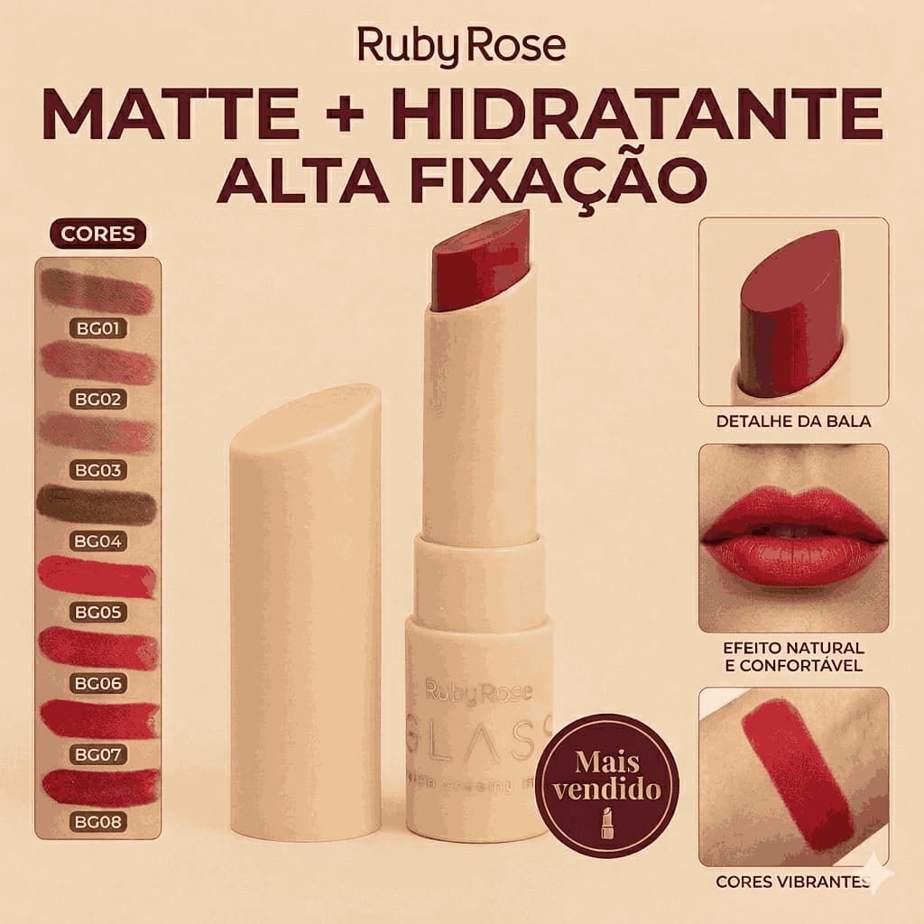 Batom Bala Glass Creamy Matte - Ruby Rose