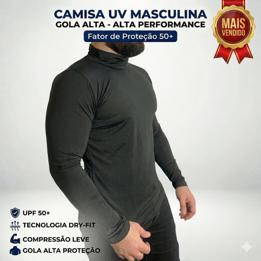 Camiseta Gola Alta Cacharrel Proteção UV Camisa Térmica Masculina Segunda Pele Manga Longa