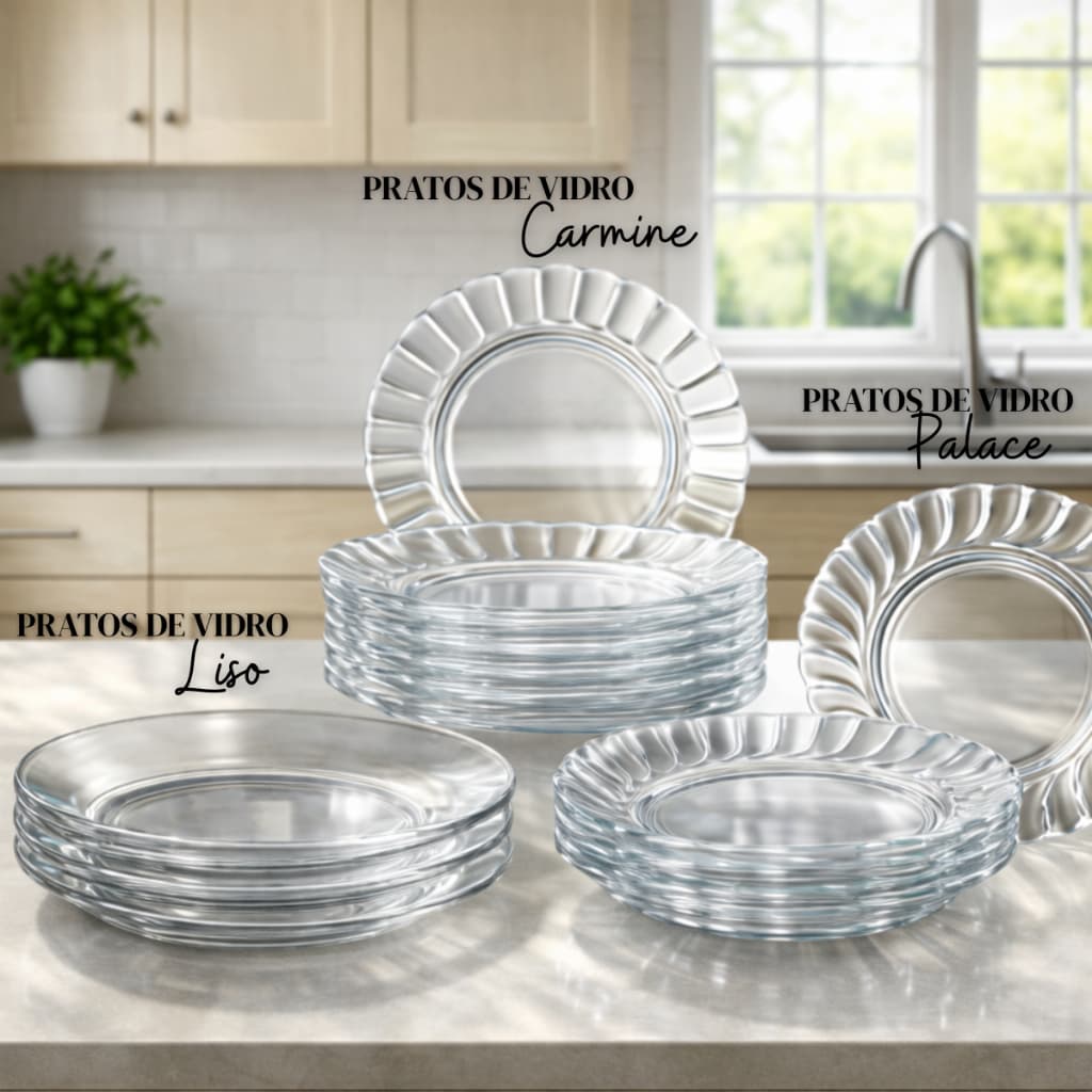 Kit Pratos Fundo Liso de Vidro -  Transparente e Resistente
