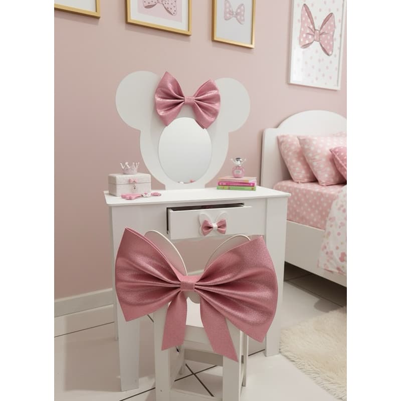 Penteadeira escrivaninha infantil com banqueta e espelho de brinde