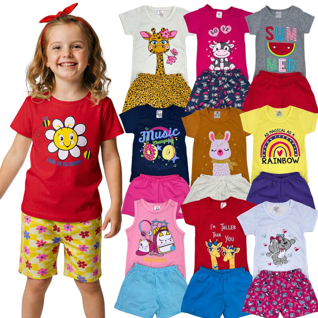 Kit de 6 ou 10 peças Kit de Conjunto Verão Infantil Sortido Roupa Menina Camiseta/Blusa + Shorts