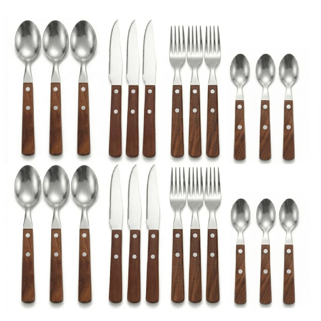 Kit Talheres Rústico Inox Com Cabo De Madeira 24 Pçs Luwave