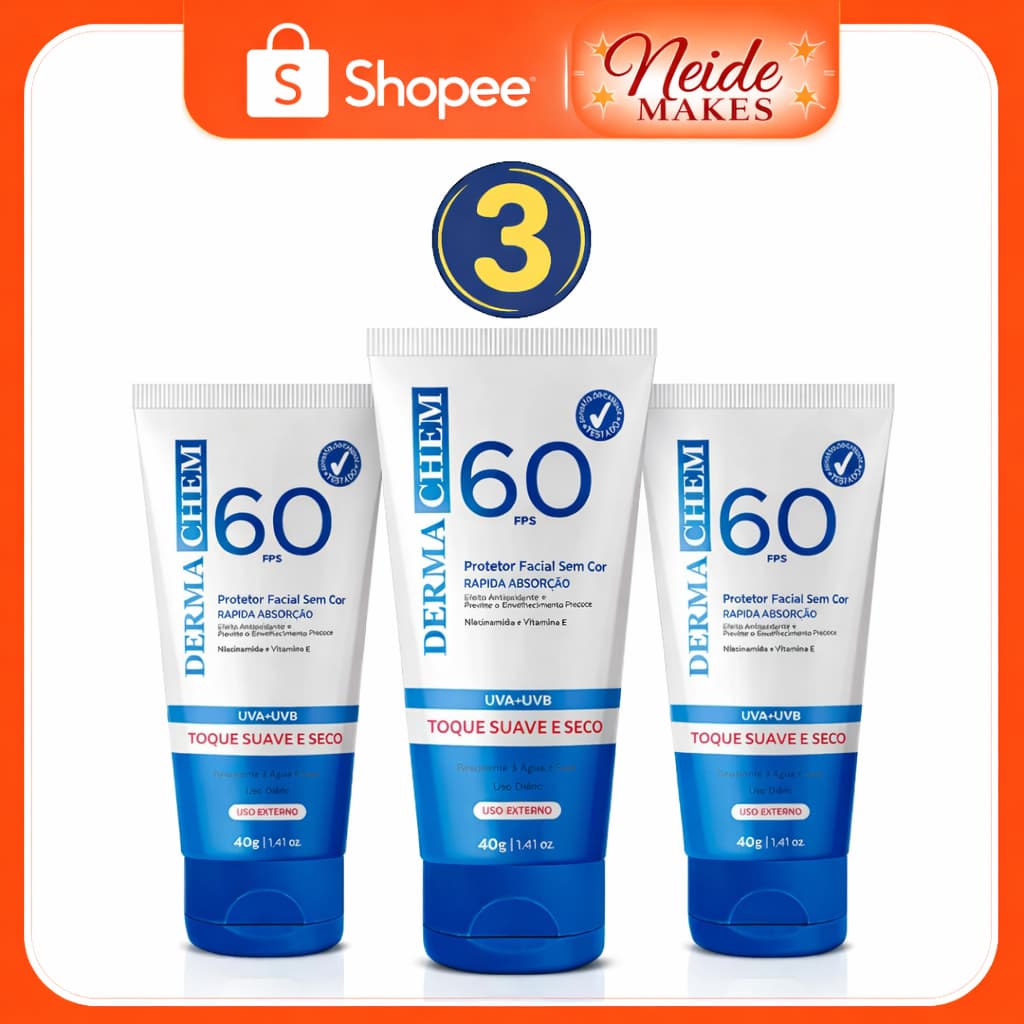 Kit 3 Protetor Solar Rosto FPS 60 Dermachem Validade 2028 Sem Cor Toque Seco 40g