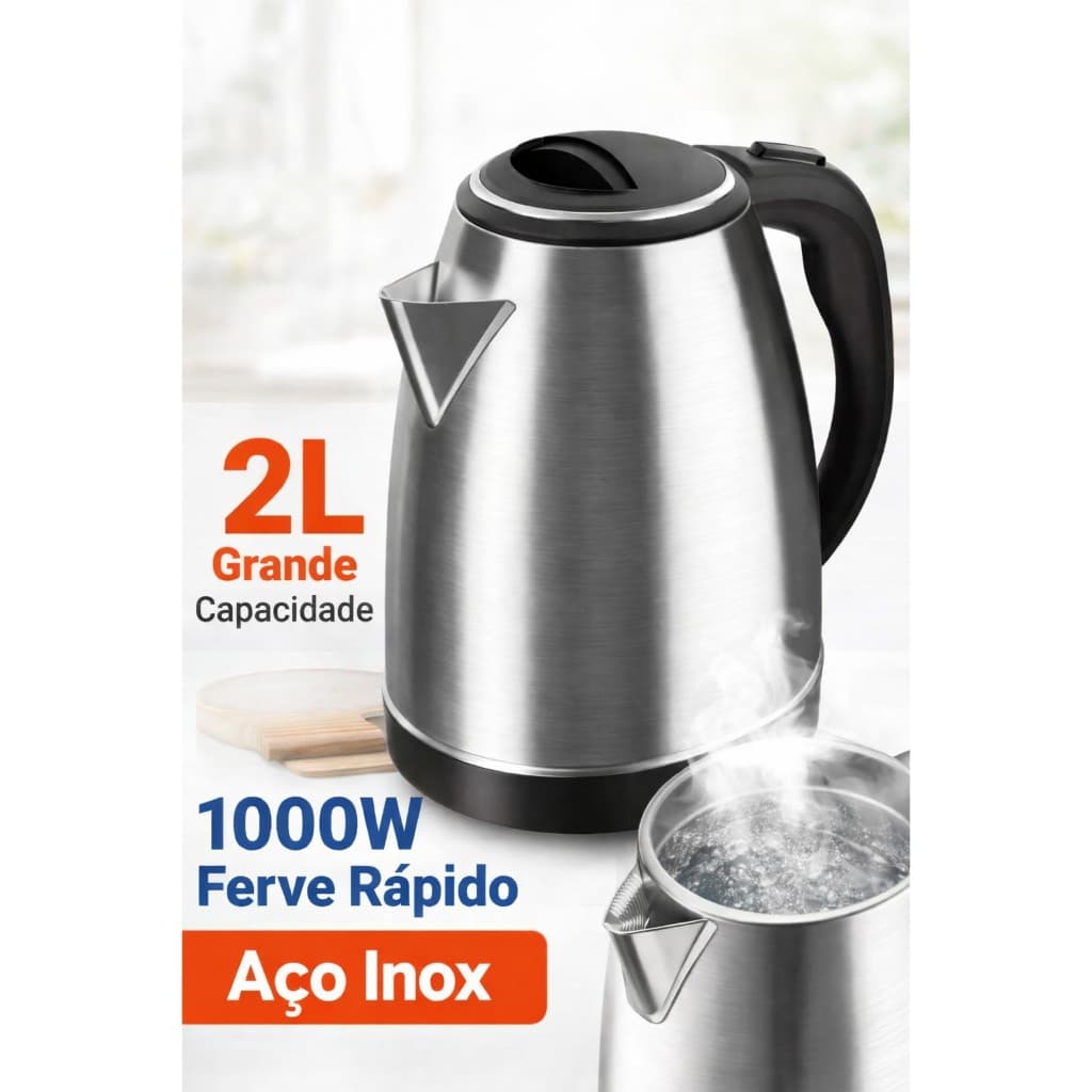 Chaleira Elétrica 2L Inox 1000W Ferve Rápido Desligamento Automático 127V