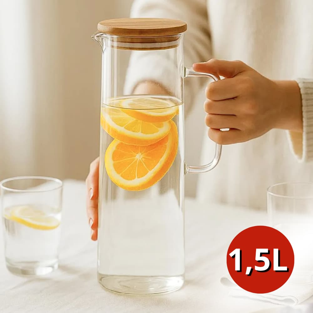 Jarra De Vidro 1,5l Com Tampa Bambu Vedação Hermética Para Sucos Agua Chá Leite Bebidas Borossilicato