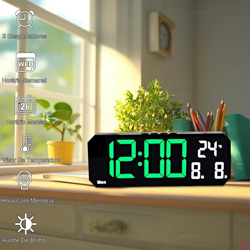 Relógio De Mesa Digital Full LED Inteligente Com Despertador Alarme Temperatura E Soneca