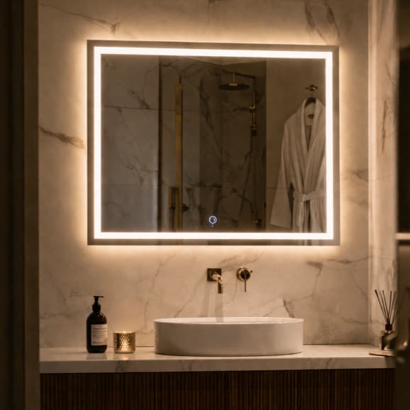 Espelho Quadrado LED 50x50 Touch 3 Cores Jateado Lapidado Banheiro Decorativo