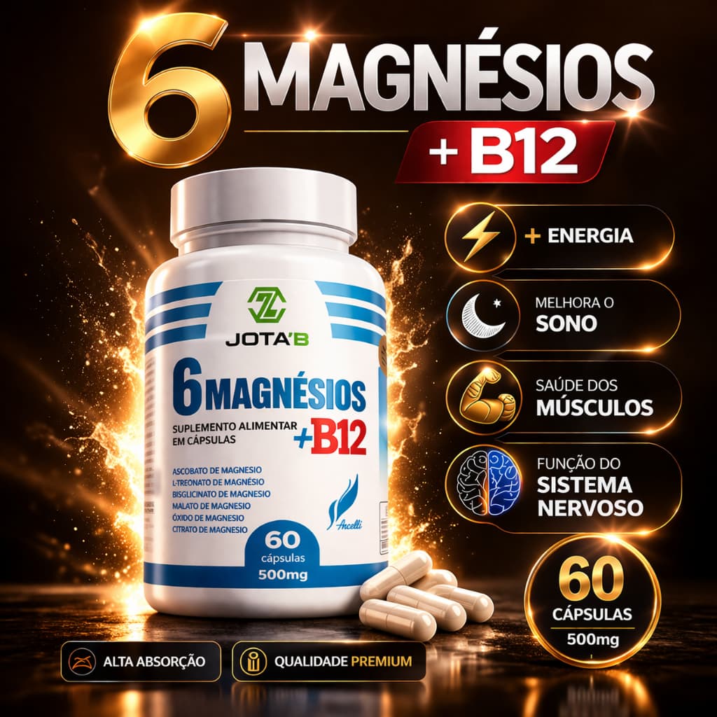6 Magnésios + Vitamina B12 Metilcobalamina Jota'B – Energia, Sono e Saúde Muscular | Original