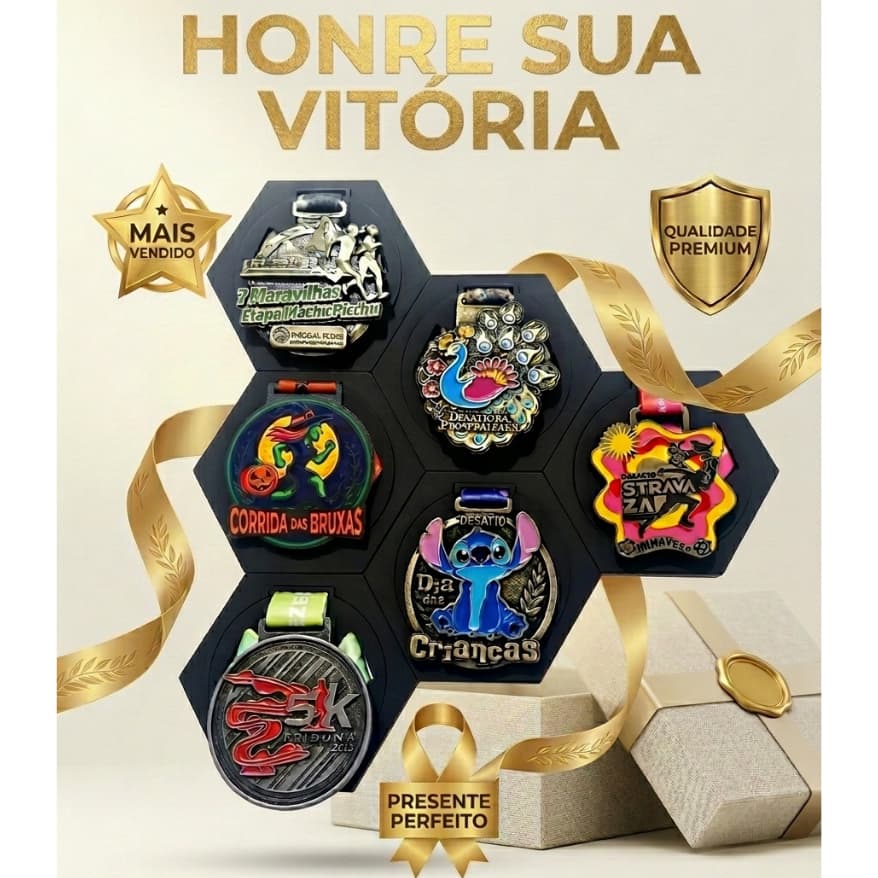 Kit Porta Medalhas MDF Parede Hexagonal Colméia com Variação de Cores Bike Corrida Futebol Decor