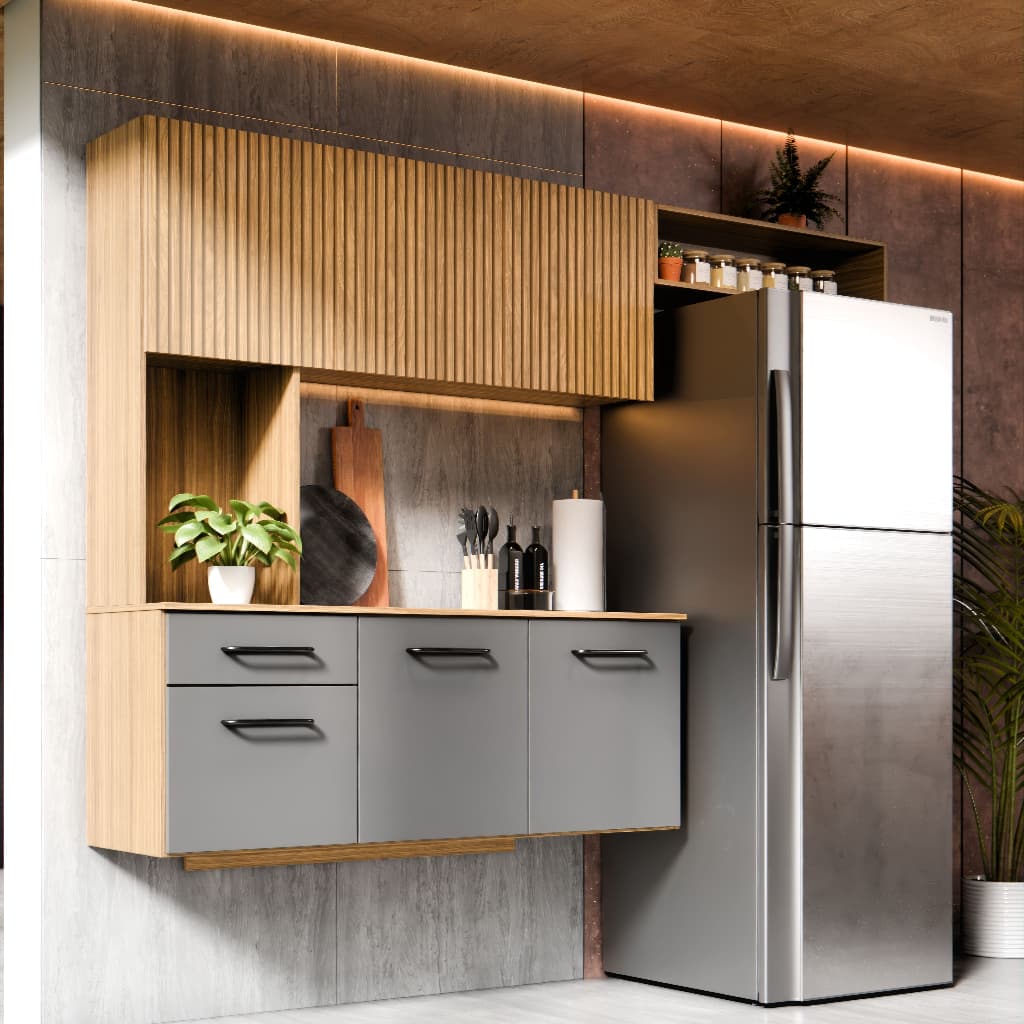 Armário de Cozinha Compacta Sala de Jantar Suspenso 163cm 6 Portas e Gaveta de Parede e Nicho Joana