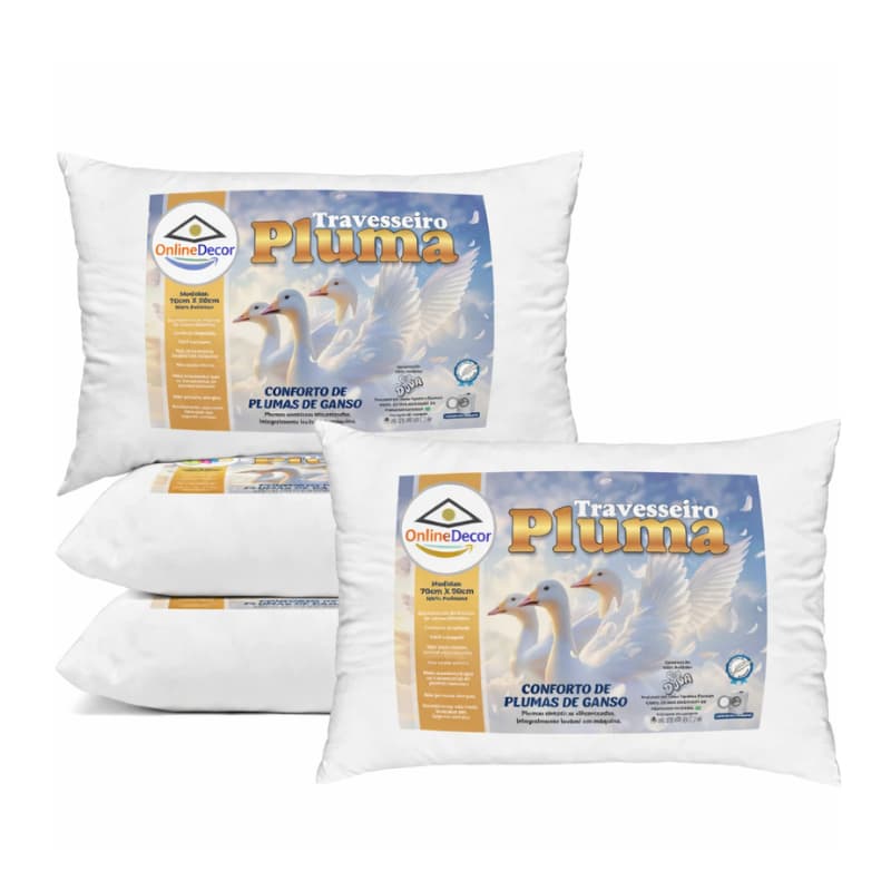 Kit com 4 Travesseiros 70x50 Pluma de Ganso Premium – Alto Padrão e Máximo Conforto