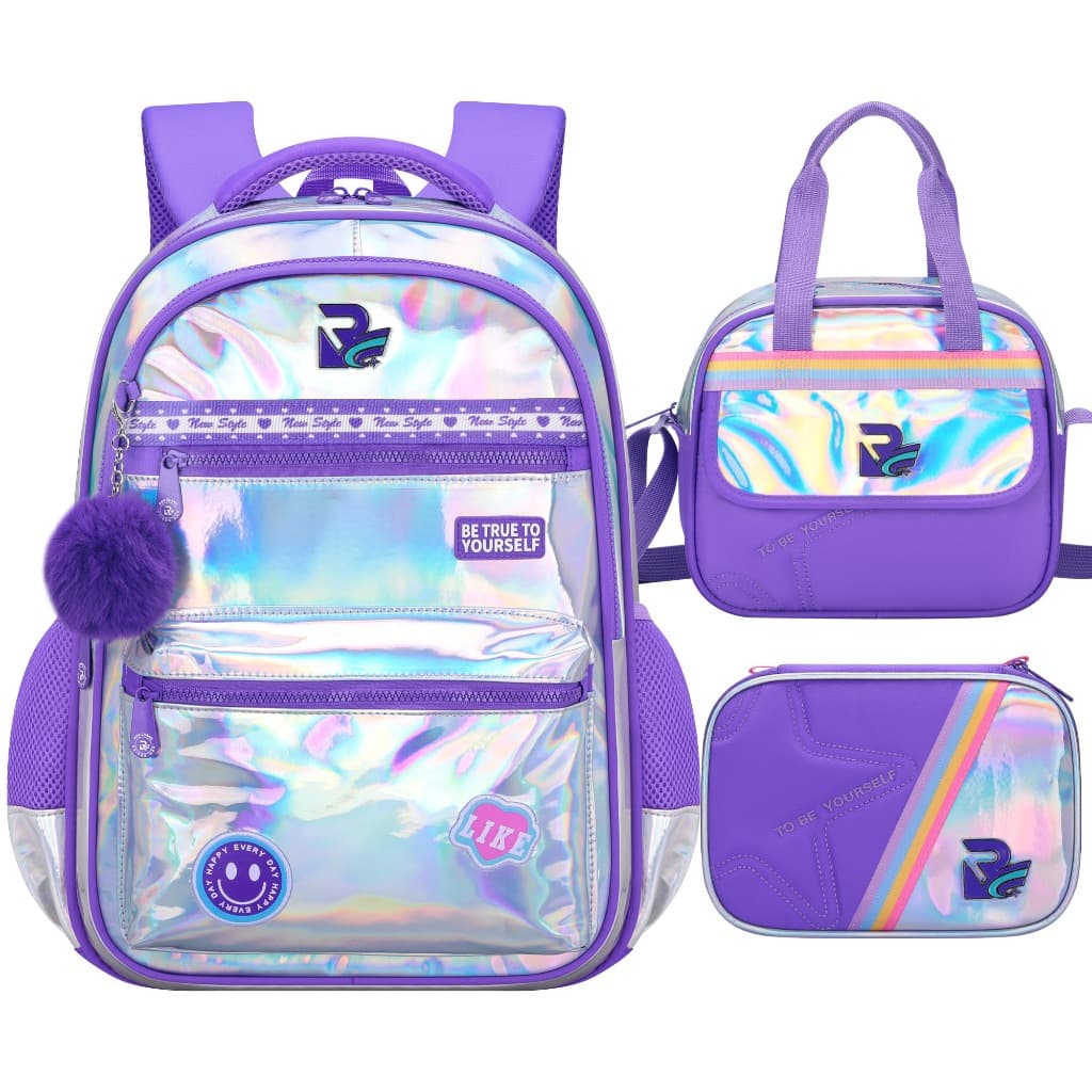Kit Mochila Escolar Infantil Feminina 3 Peças Holográfica com Estojo e Bolsa Lateral, Pompom e Estampa Smile Fofa