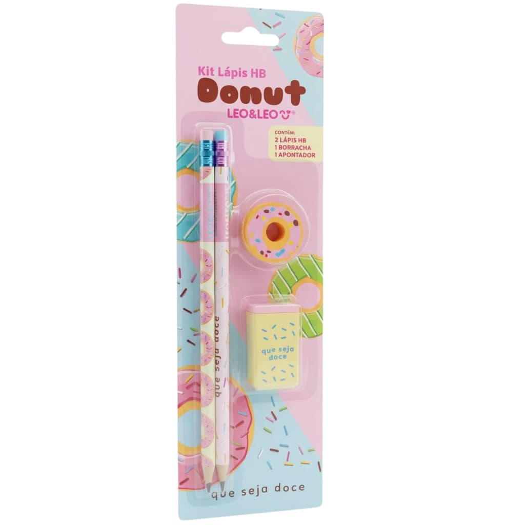 Lápis De Escrever Donut Kit 2 Lápis + Borracha + Apontador Papelaria Escolar Infantil