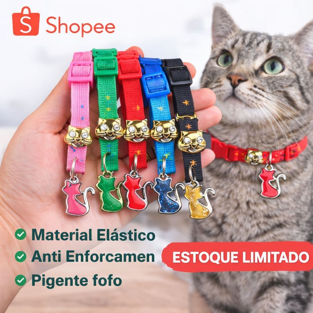 Conj 3 Coleiras Gato Ajustável Elástica Anti Enforcamento Pingente Fofo Segurança Pet Cores Variadas